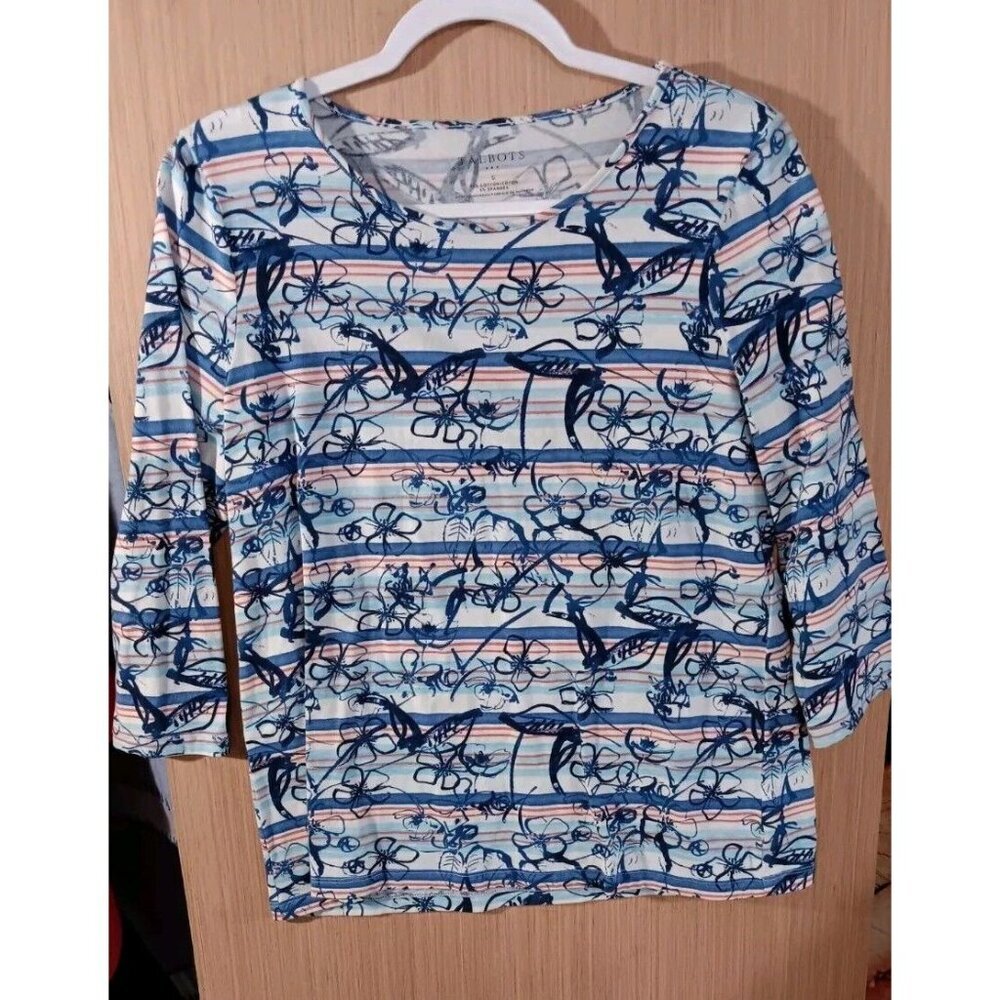 Talbots Top‎ Womens Small Multicolor Floral Striped 3/4 Sleeve Pullover Blouse